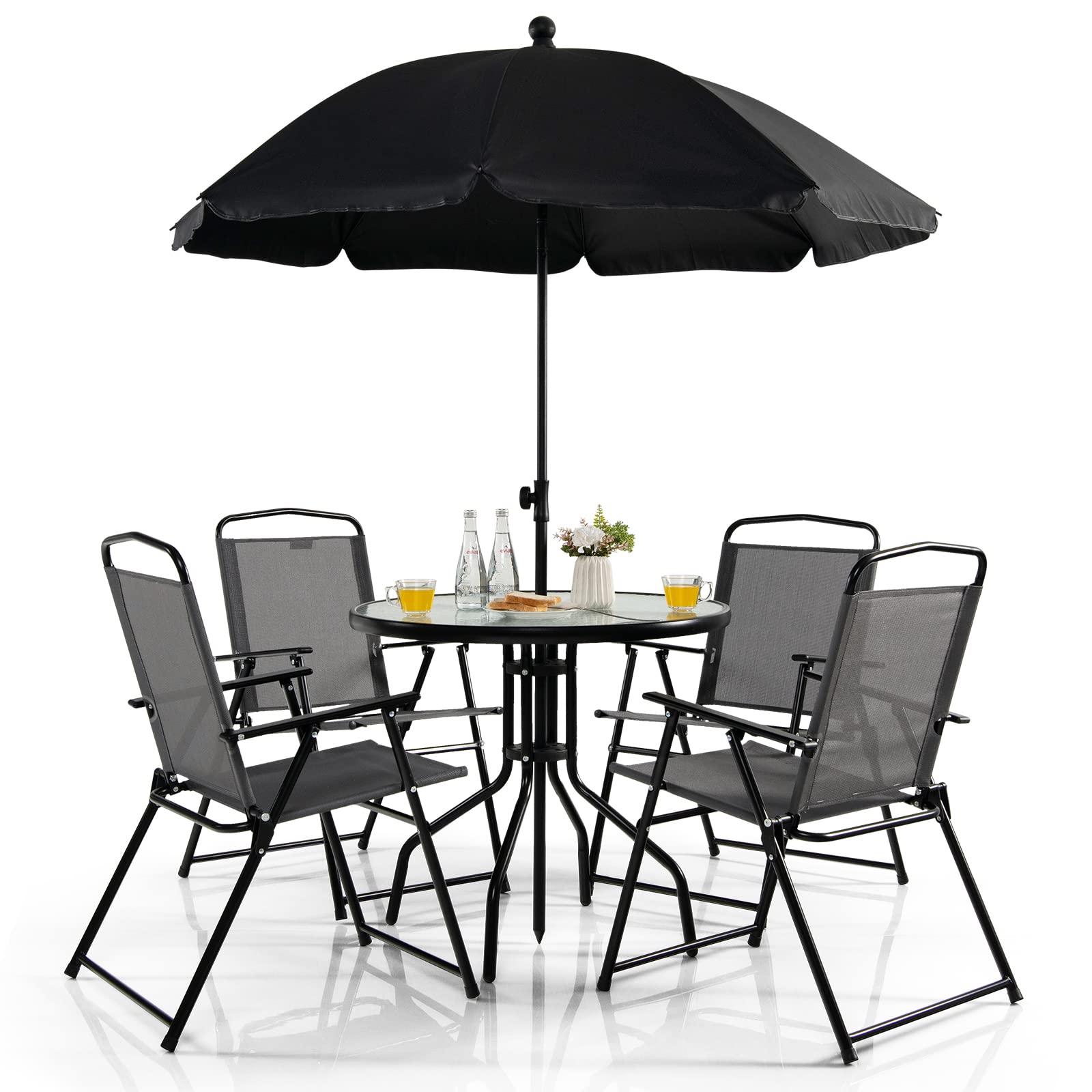 Tangkula Ensemble de salle à manger pliant 6 pièces pour patio, Ensemble table et chaises d'extérieur pour 4, Table ronde de 80 cm et 4 chaises pliantes, Parasol inclinable inclus